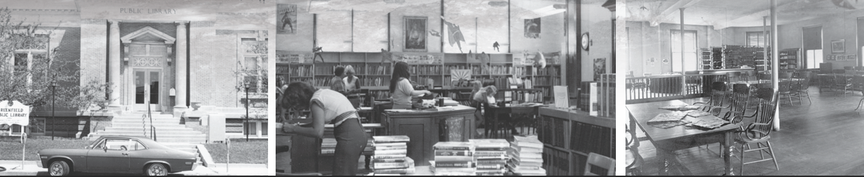 Three historical images: first image shows the steps to the library, the second showing people in the library, and third image shows a study area