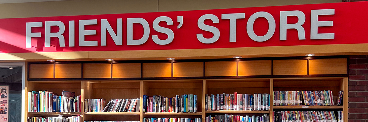 "Friends Store" red banner above bookshelves filled with books