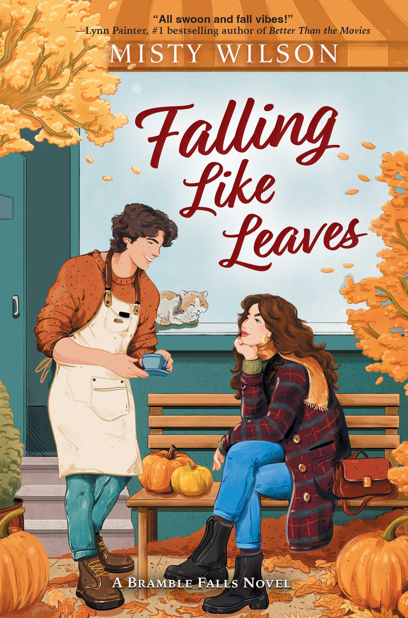 Cover for "Falling Like Leaves." A girl sits on a bench, surrounded by leaves and pumpkins while a boy in a barista apron stands next to the bench