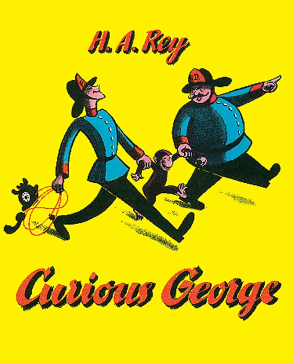 Curious George Cover - two men walking and holding the arms of a monkey between them.
