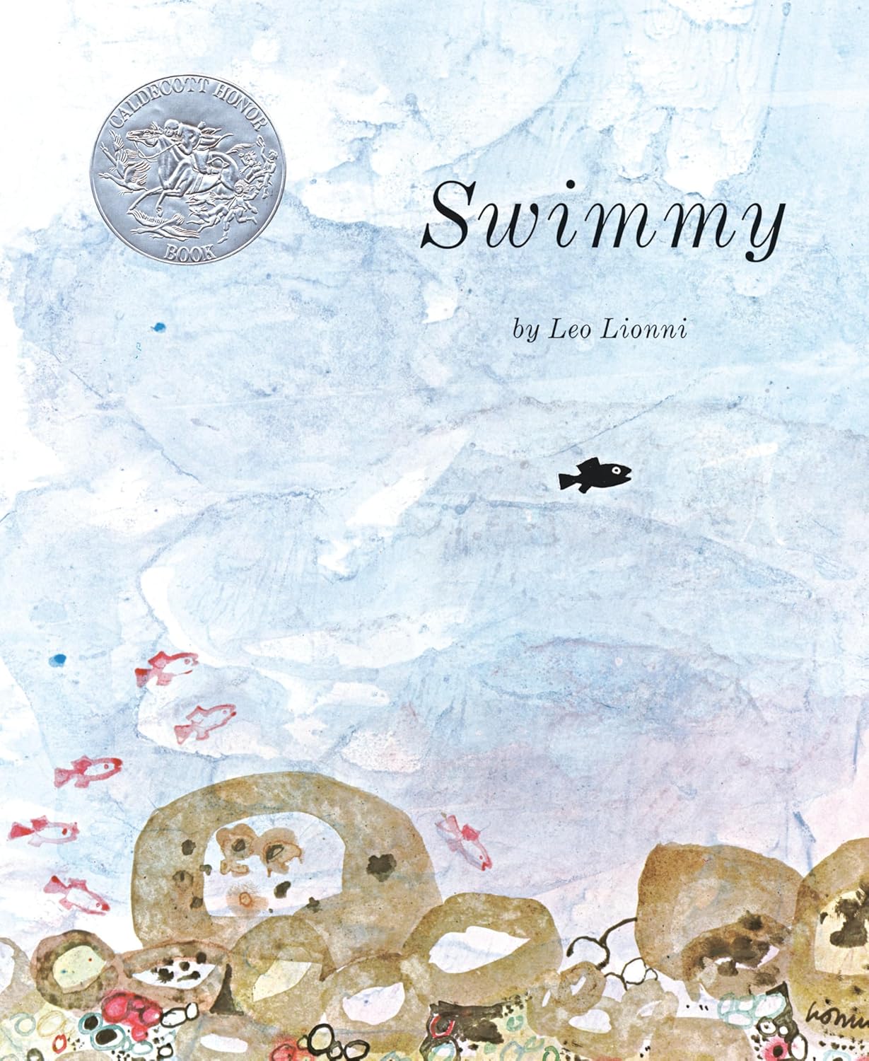 Swimmy cover. Small black fish swimming.