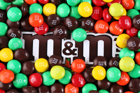 M&Ms package surrounded by different colored M&Ms.
