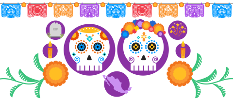 Image of sugar skulls and papel picado