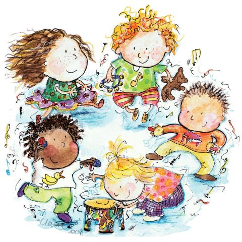 Five young children in a circle playing percussion instruments with music notes around them