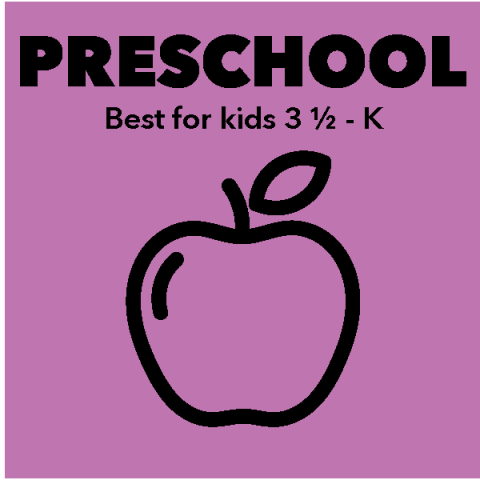 Purple background; outline of an apple with the words "Preschool: Best for kids 3 1/2 - K"