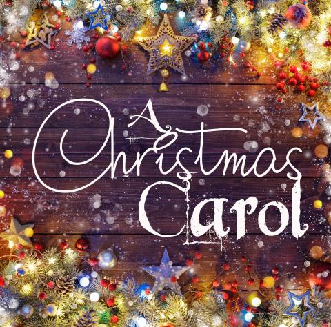 The words A Christmas Carol surrounded by lights. 