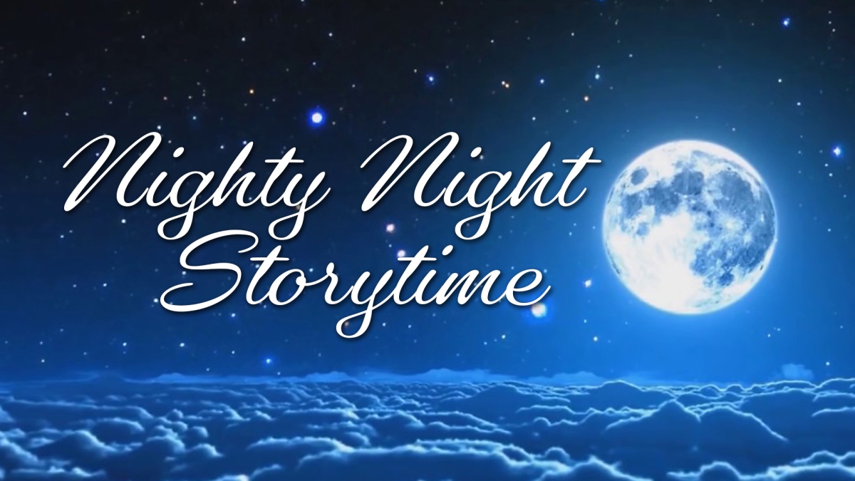 Image of moon with text reading Nighty Night Storytime.