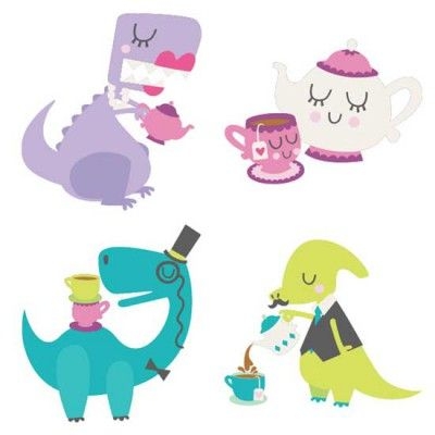 Image of dinosaurs in fancy dress clothes, drinking hot tea together