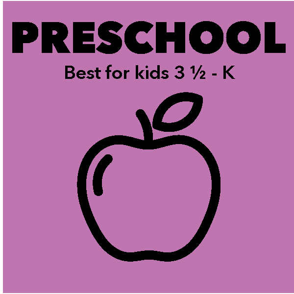 Purple background; outline of an apple with the words "Preschool: Best for kids 3 1/2 - K"