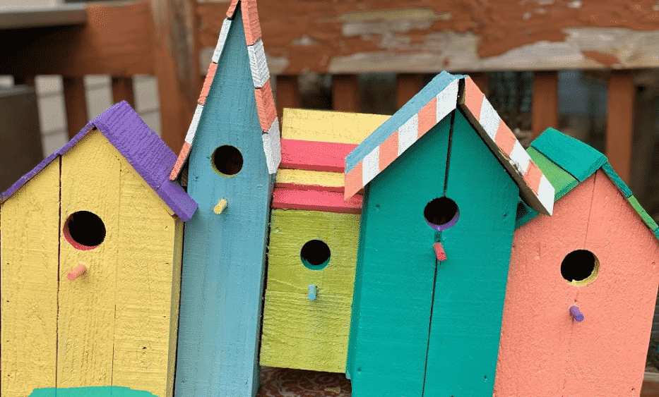 Five colorful birdhouses