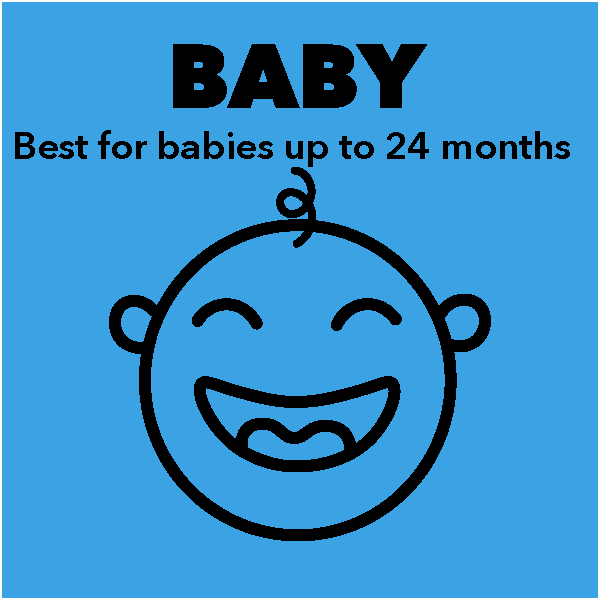 square blue box with smiling baby. best for babies up to 24 months.