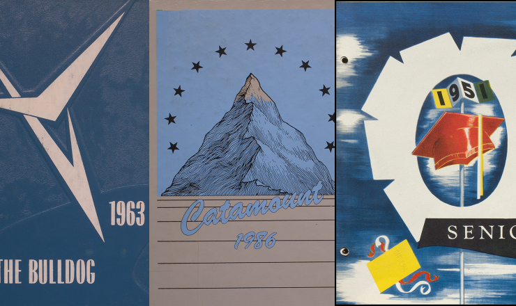 Yearbooks collage showing three yearbook covers from various schools and years